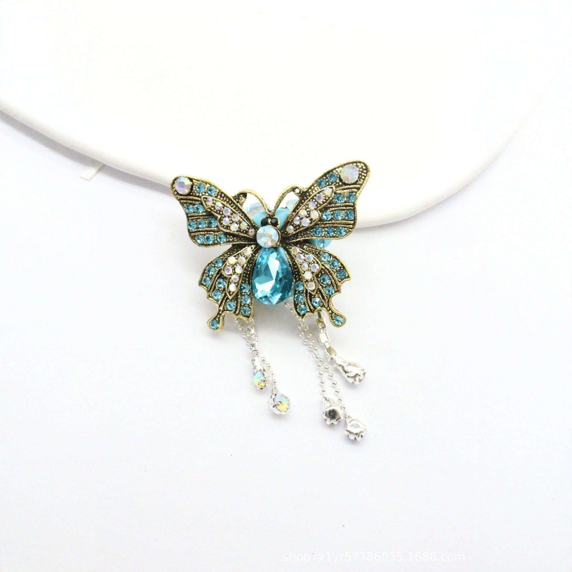 Wholesale Full Diamond Vintage Gold Rhinestone Tassel Butterfly Brooch
