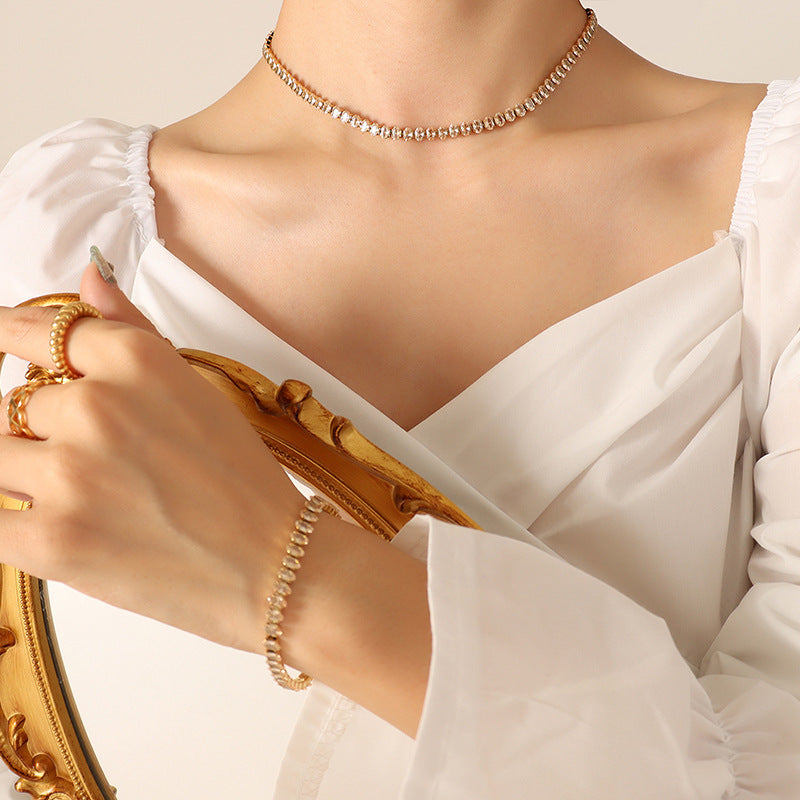 Wholesale elegant temperament solid color diamond zircon inlaid necklace bracelet jewelry set