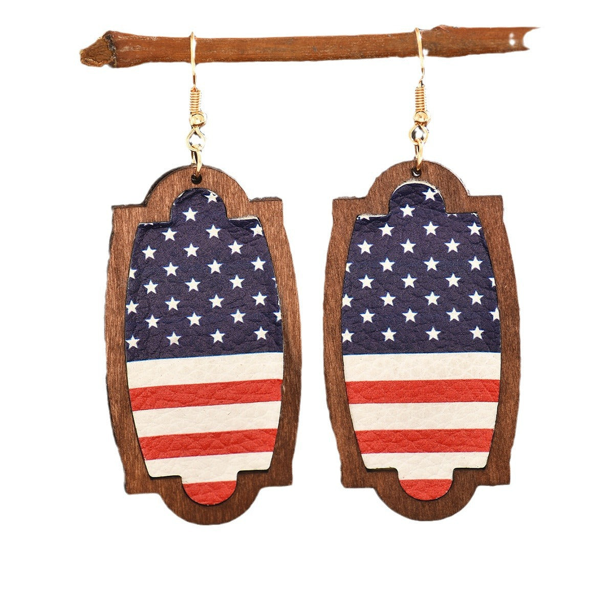 Wholesale Leather Litchi Grain Wood Frame American Flag Independence Day Earrings