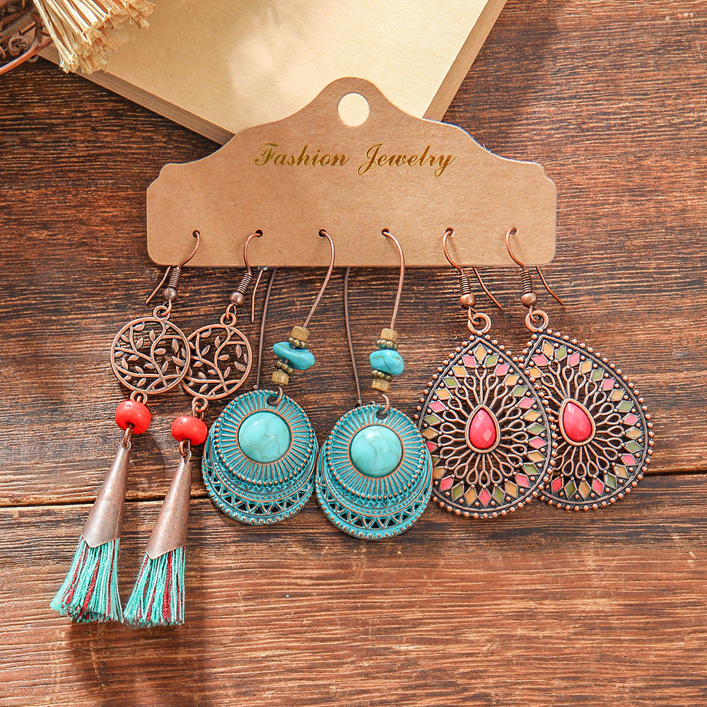 Wholesale Trendy Bohemian Retro Earring Set Silver Tone Turquoise Zinc Alloy With Ethnic Bird Motif Fashion Accessory For Gift And Resale