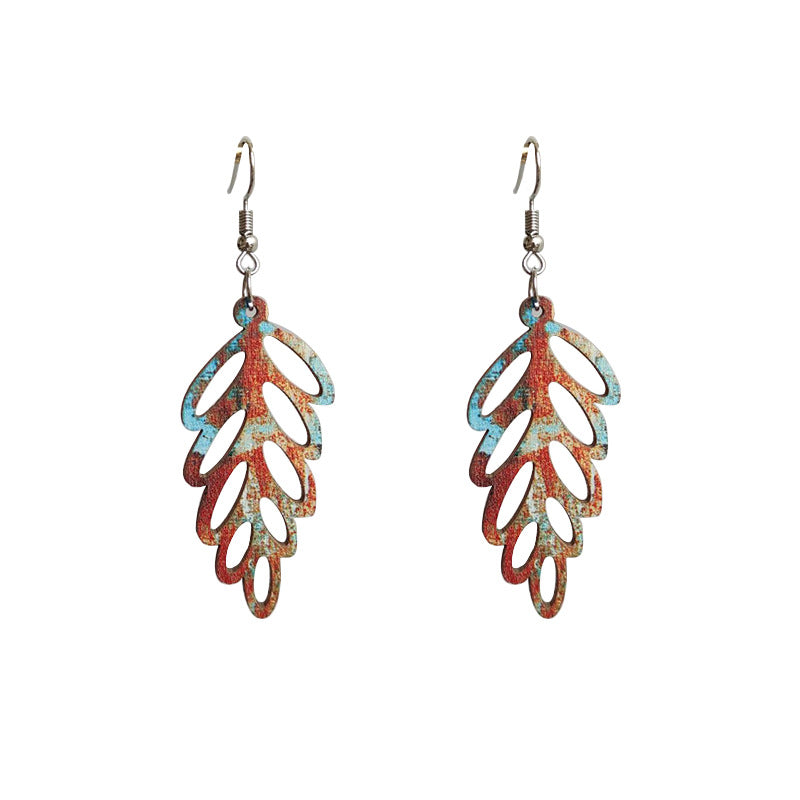 Wholesale Colorful Bohemian retro distressed hollow leaf wood earrings