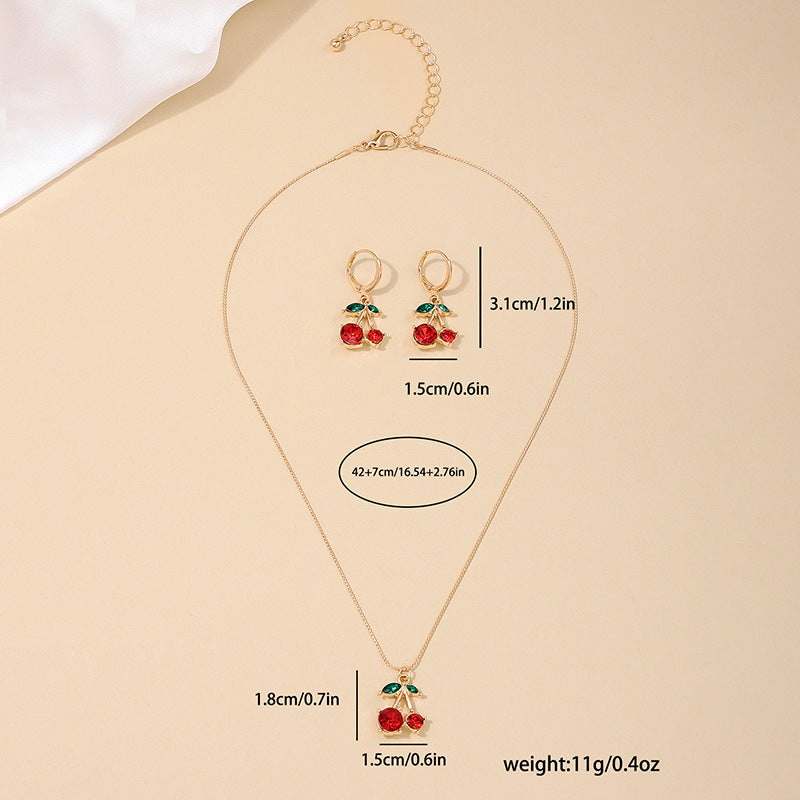 Wholesale 3pcs/set Set Summer Sweet Cute Metal Red Cherry Necklace Earrings