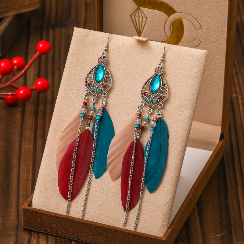 Wholesale Waterdrop Feather Retro Dot Diamond Chain Small Fresh Earrings