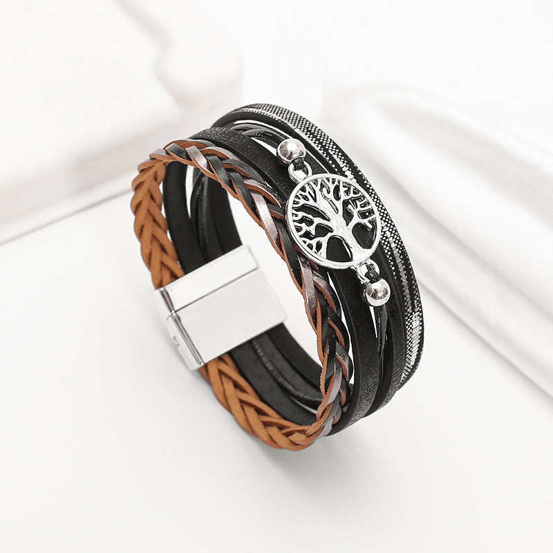 Wholesale Bohemian multi-layered leather hand-woven diamond magnetic clasp bracelet