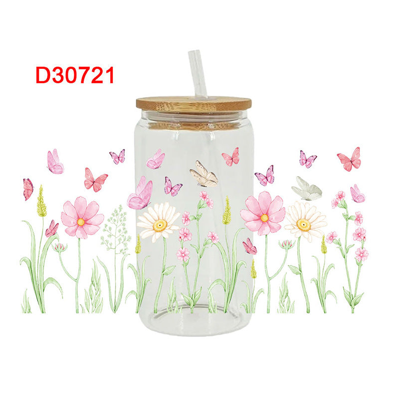 Wholesale Colorful flowers branches and leaves 16oz Cup UV DTF Wraps