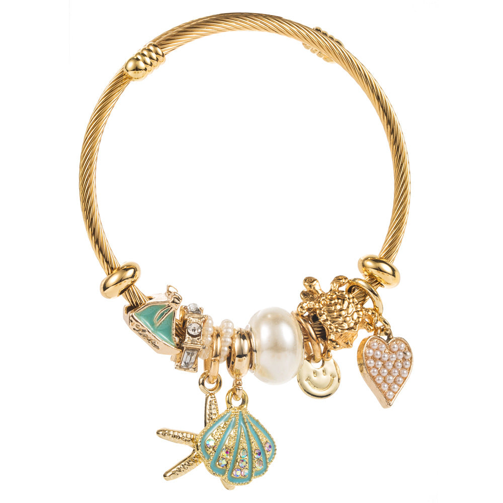 Wholesale Diamond studded starfish shell vacation style adjustable bracelet
