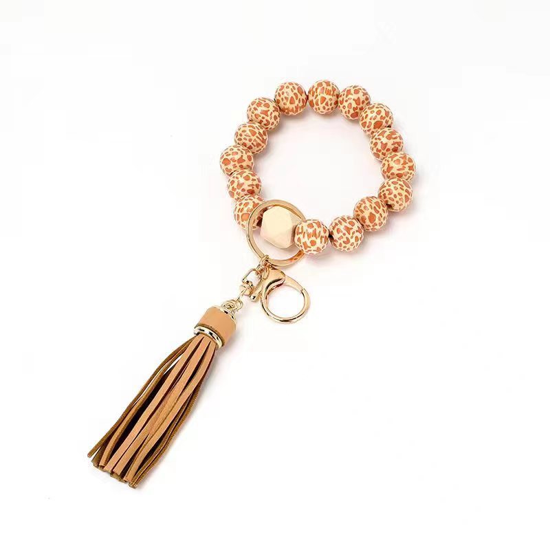 Wholesale Wooden Beads PU Tassel Bracelet Keychain