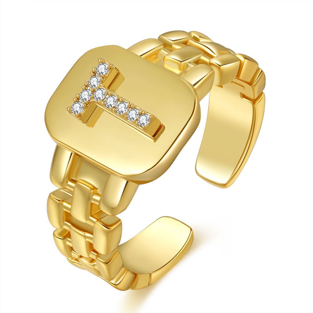 Wholesale Copper Plated Gold Band Design Letter Opening Ring