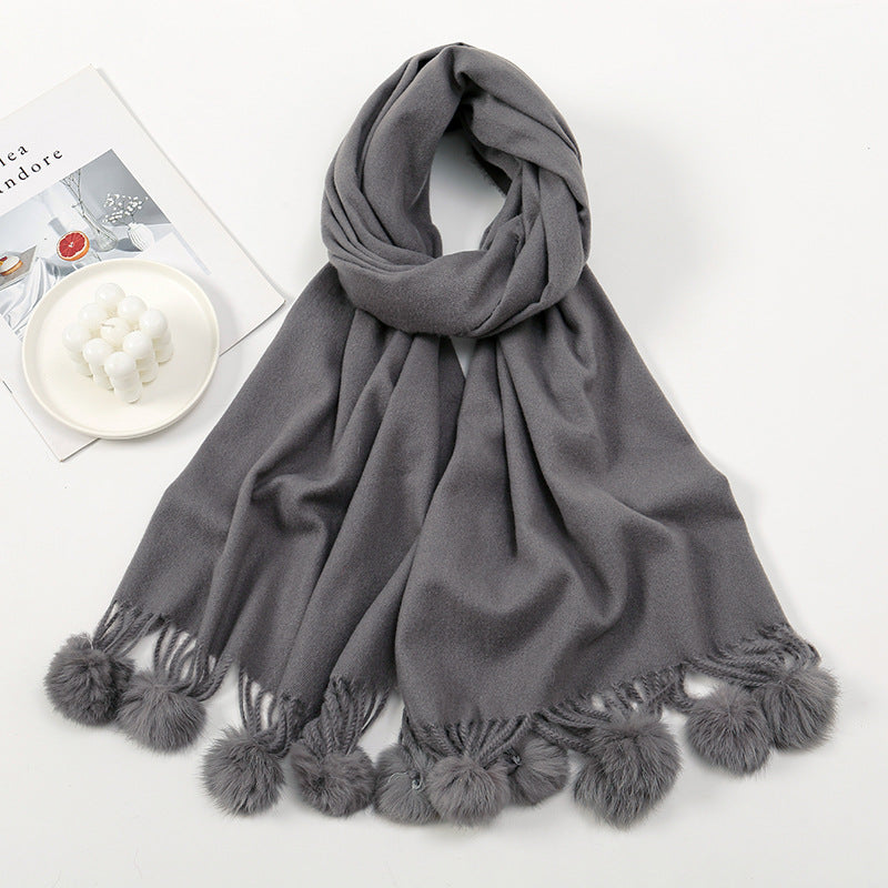 Wholesale Autumn and Winter Imitation Cashmere Scarves, Solid Color Tassel Wool Ball and Plush Necklaces