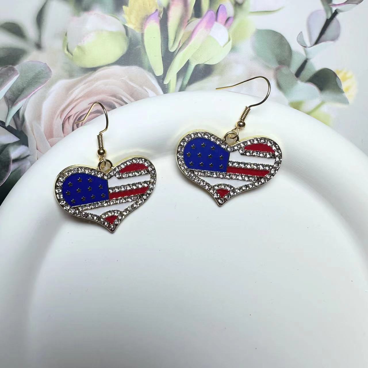 Wholesale American Independence Day Flag Five Pointed Star Diamond Alloy Necklace