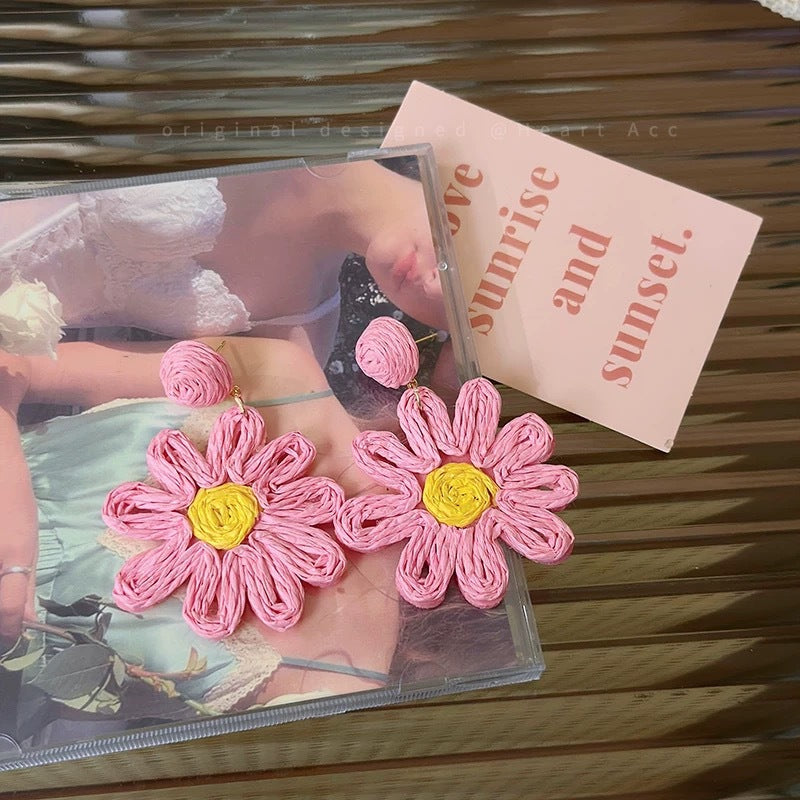 Wholesale Beach holiday style straw sunflower earrings