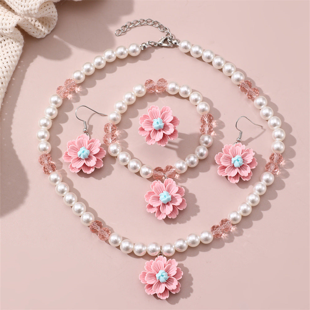 Wholesale Light luxury sweet imitation pearl flower pendant children' s necklace four-piece set