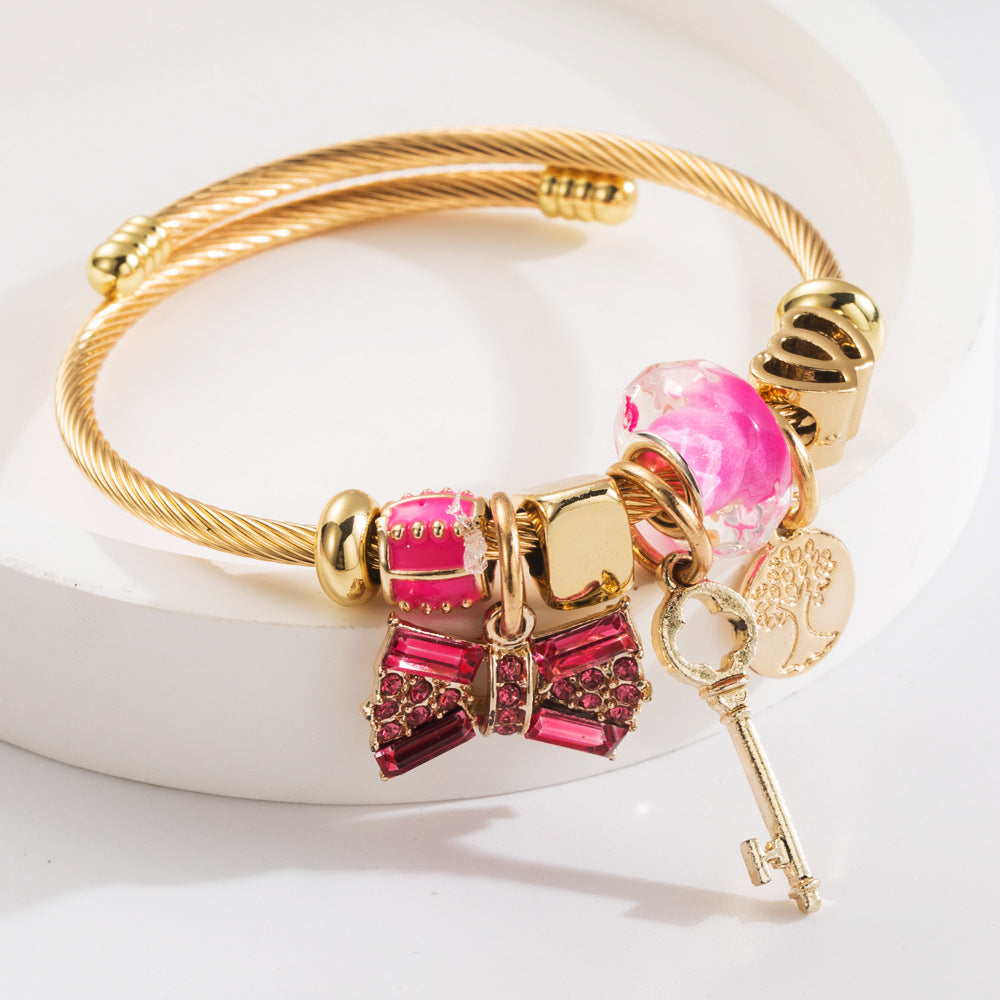 Wholesale Gold crystal bow with diamond studded adjustable Titanium Steel Bracelets