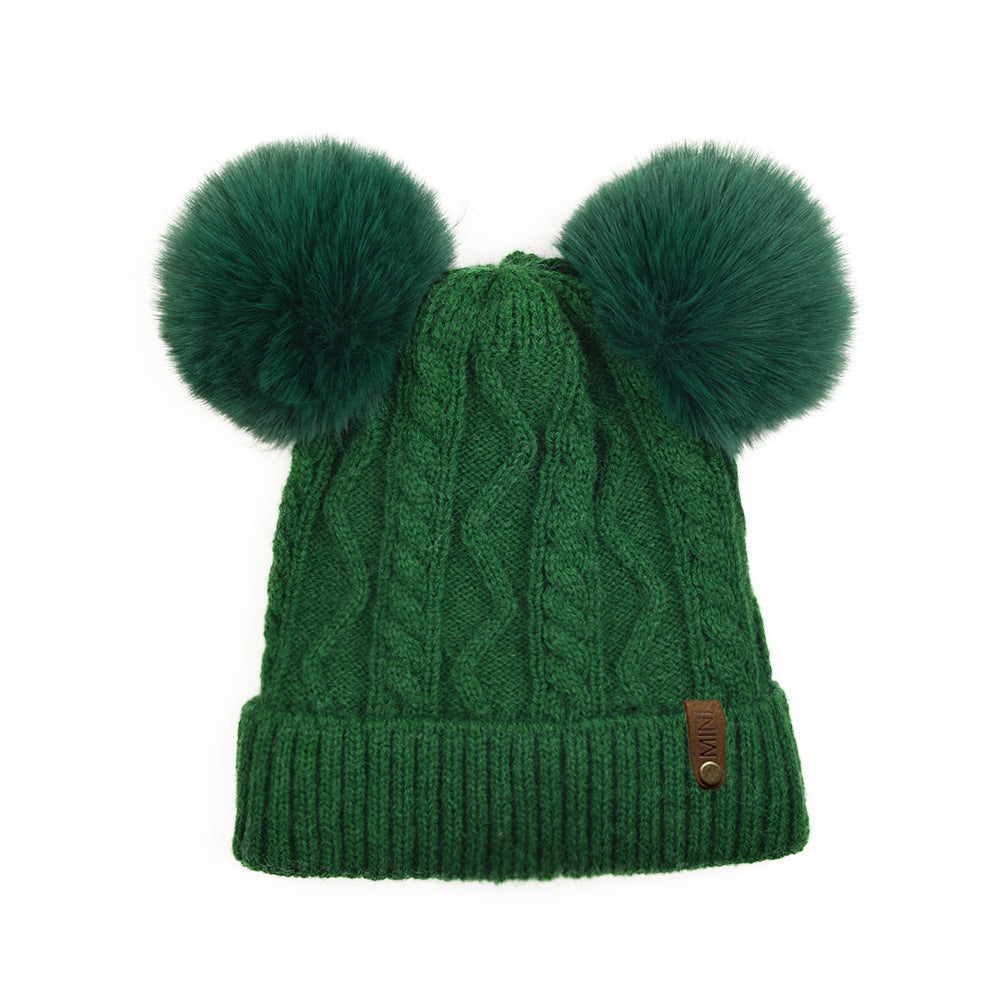 Wholesale Autumn and Winter Fleece Leather Label MINI Double Wool Ball Outdoor Warm Detachable Knitted Hat