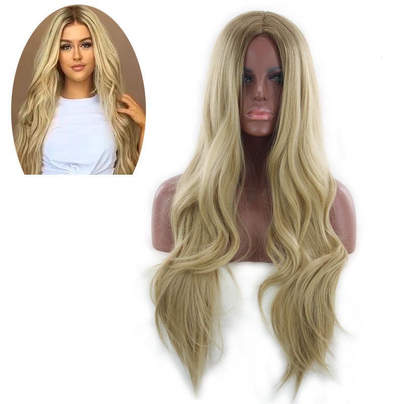 Wholesale Middle-parted gradient yellow long curly hair women's big wave rose net wig
