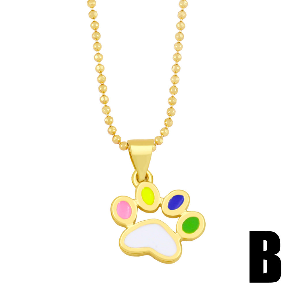 Wholesale colorful enamel dog paw print pendant clavicle chain simple sweater chain plated with 18K gold