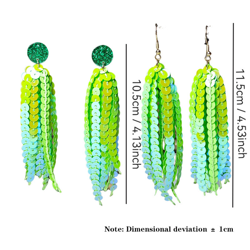 Wholesale Shiny Laser Green Sequin Round Tassel San Patrick Atmosphere Earrings