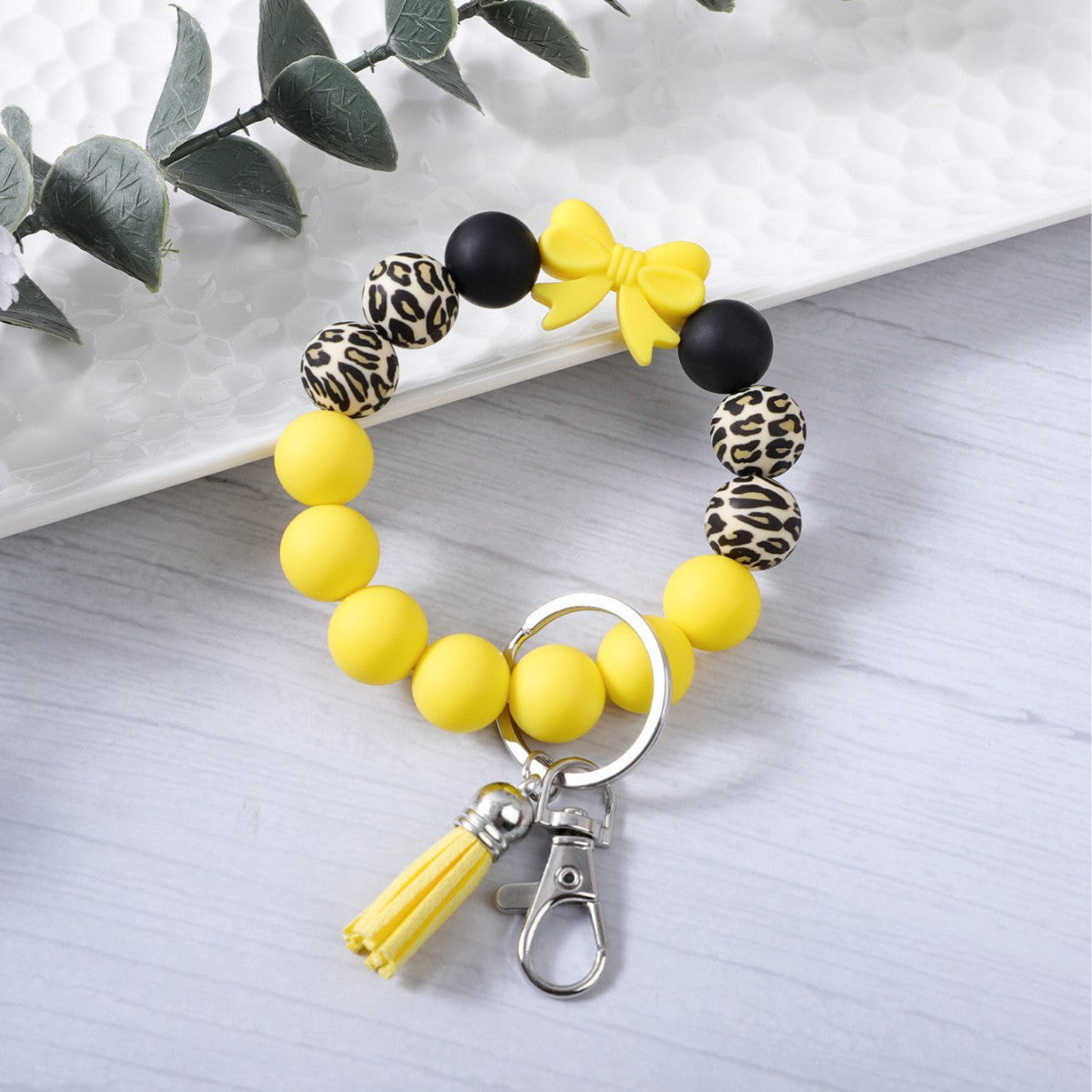 Wholesale Colorful Bow Leopard Print Silicone Beaded Tassel Bracelet Keychain