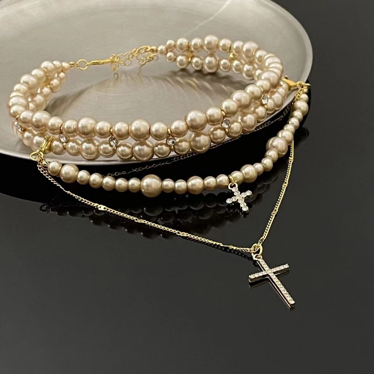 Wholesale Diamond-encrusted multi-layer pearl cross sweater necklace