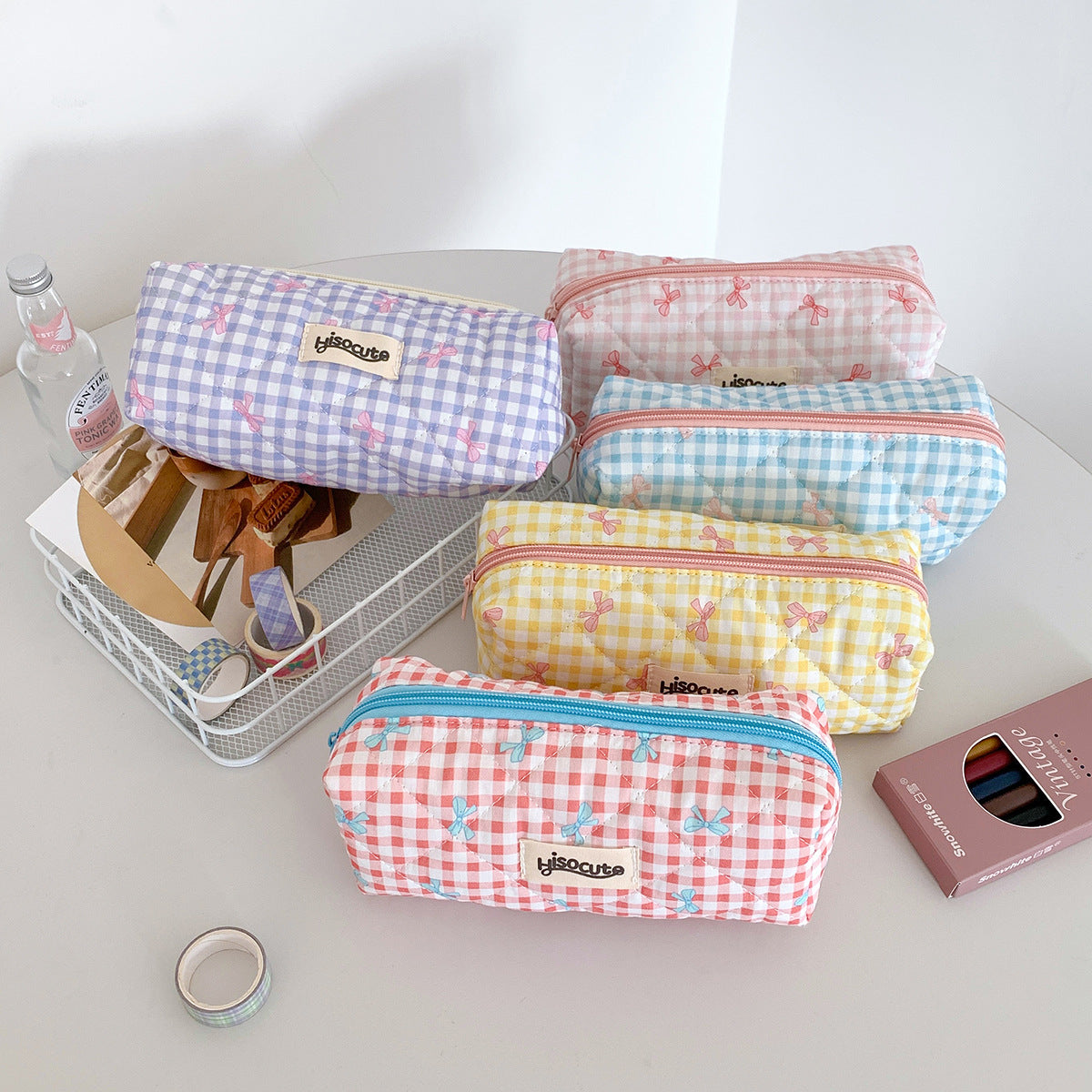 Wholesale  Cream Color Plaid Bow Polyester Pencil Case