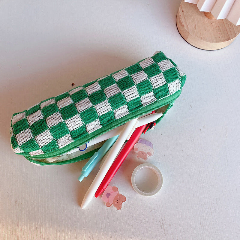 Wholesale Checkerboard Knitted Large Capacity Wool Pencil Bag