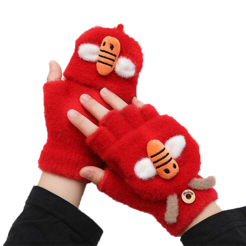 Wholesale Plush and Thickened Half Finger Flip Knitted Wool Little Bee Gloves