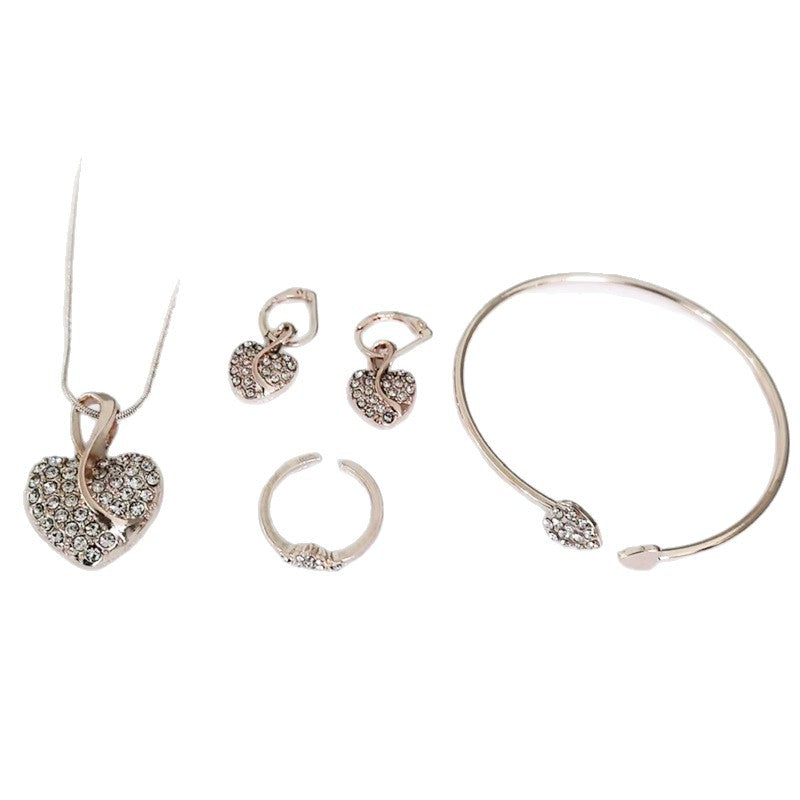 Wholesale Heart-Shaped Clavicle Necklace Earrings Ring Bracelet Jewelry Set