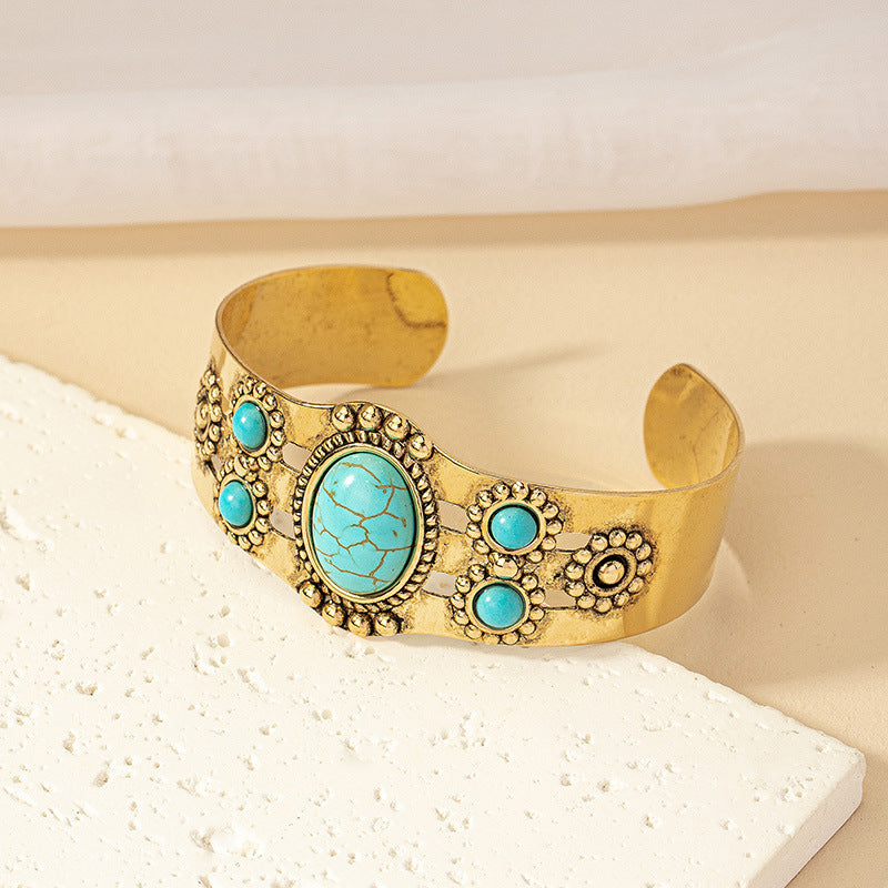 Wholesale Gold Tone Alloy Open Cuff Bracelet French Vintage Palace Style With Turquoise Accent Women S Everyday Fashion Accessory