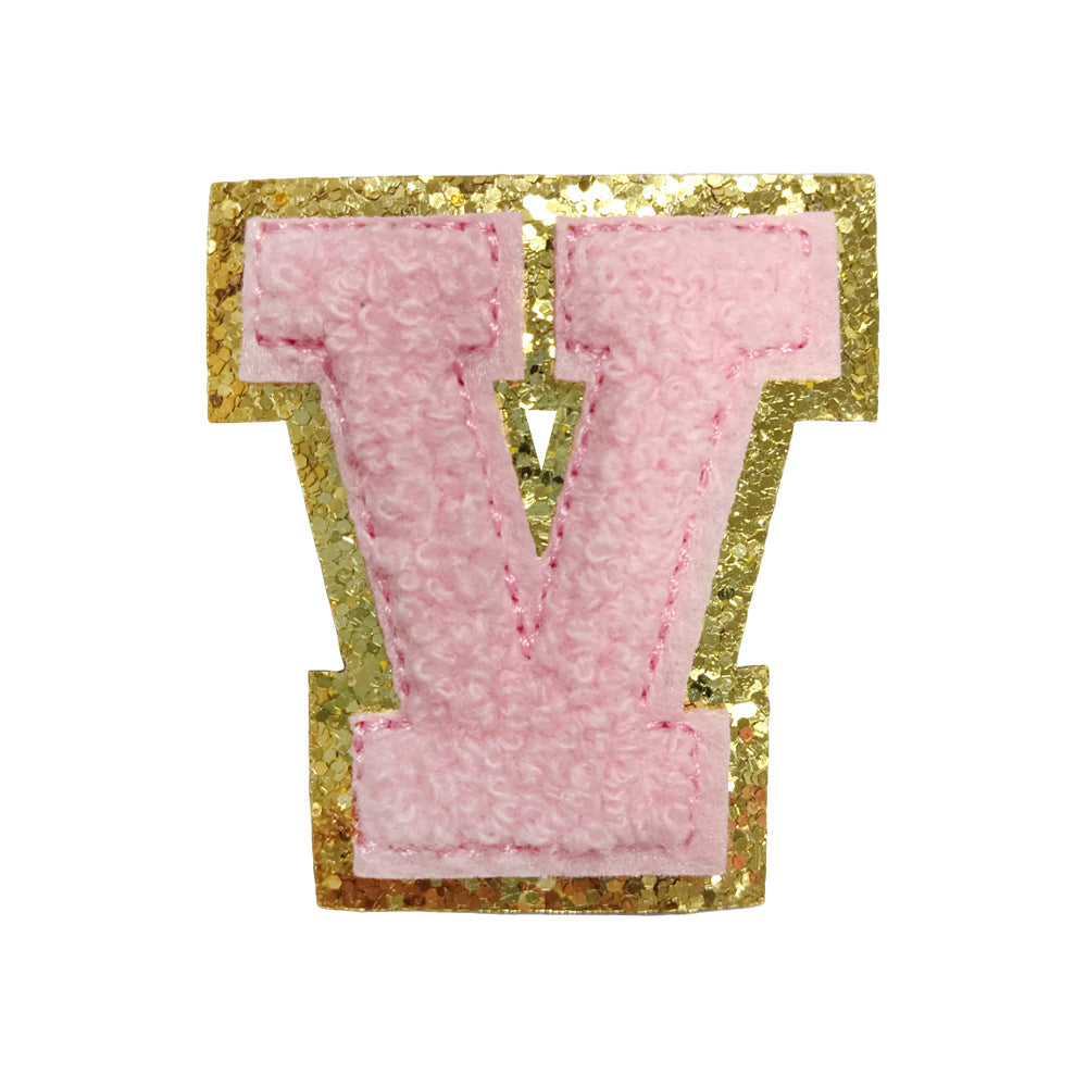 Wholesale Towel Embroidered Self Adhesive Letter Patches A Z Gold Glitter Double Layer Chic DIY Coat Accessory