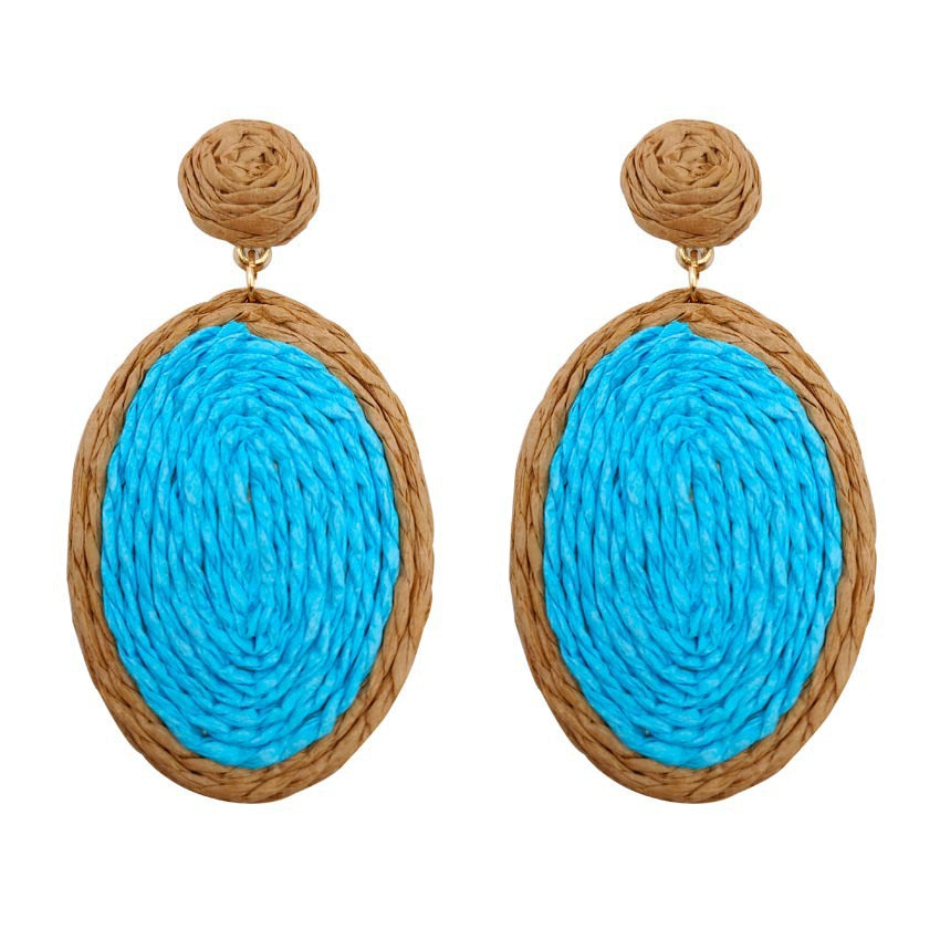Wholesale Handmade Rattan Dyed Oval Lafite grass Earrings