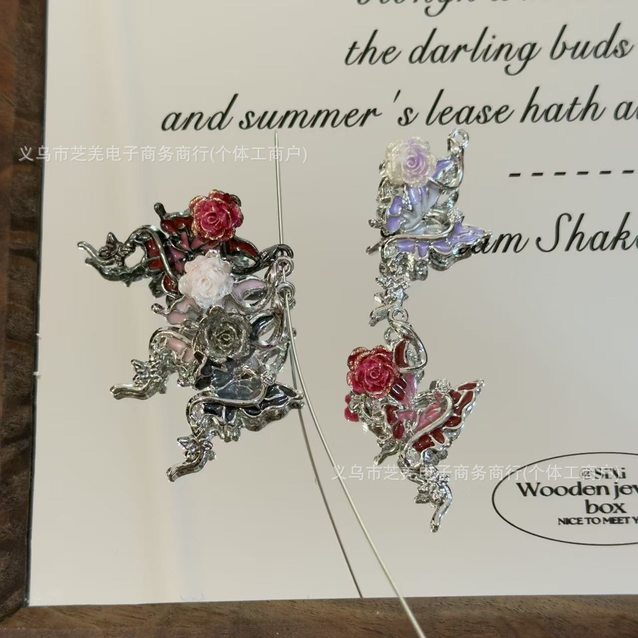 Wholesale 10pcs zircon butterfly gold pink rose relief hanging hole Pendant