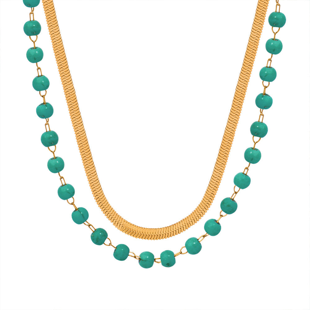 Wholesale Turquoise Beaded Double Layer Flat Snake Chain Titanium Steel Necklace