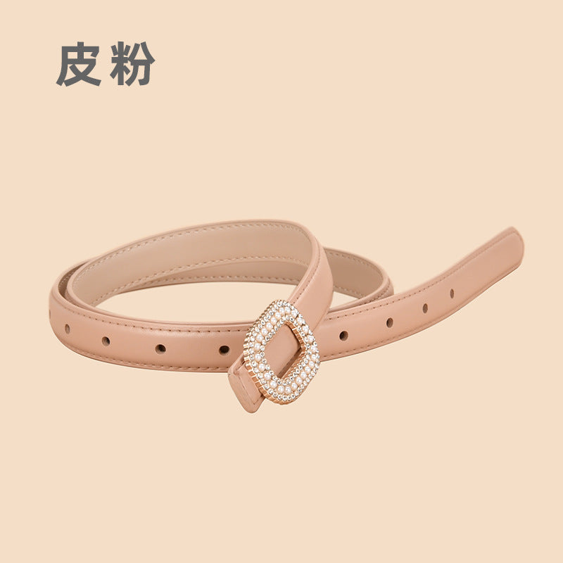 Wholesale Versatile Genuine Leather Belt with Round Buckle Inlaid with Pearls and Rhinestones