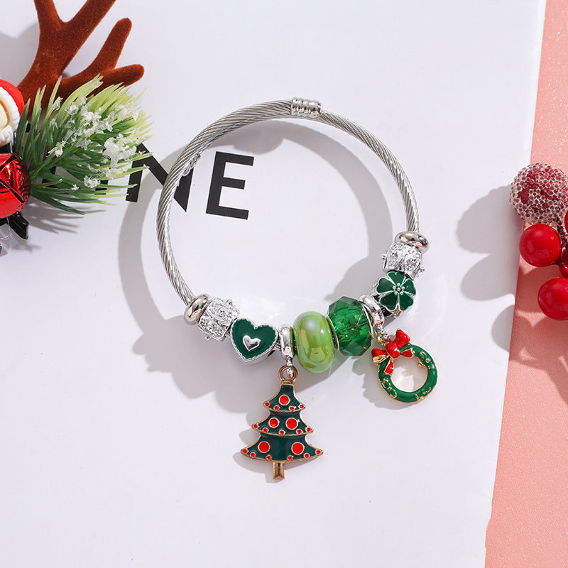 Wholesale Stainless Steel Christmas Tree Elk Snowflake Alloy Charm Beaded Bracelet