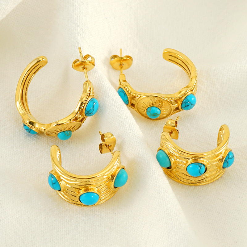 Wholesale Retro Fashion Temperament Versatile Design Texture Light Luxury Inlaid Blue Turquoise Earrings