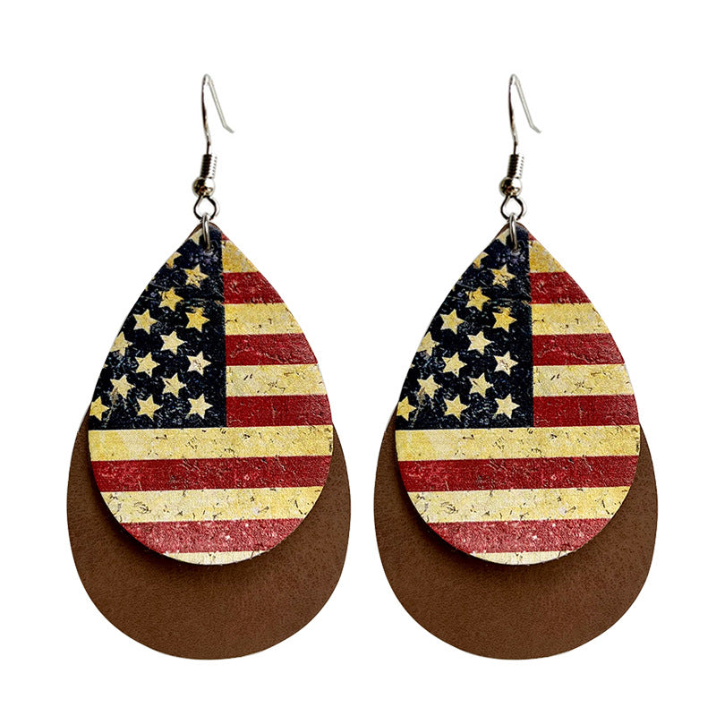 Wholesale 2pairs/pack American Flag Leopard Print Western Teardrop Leather Earrings