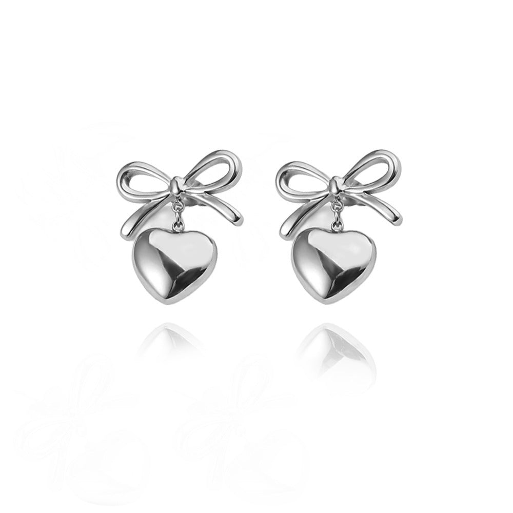 Wholesale Light Luxury Retro Stainless Steel Plated 18k Gold Bow Titanium Steel Heart Earrings