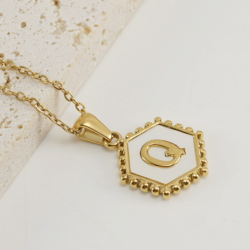 Wholesale Stainless Steel Plated Hexagonal Natural Shell Letter Pendant 18K Necklace