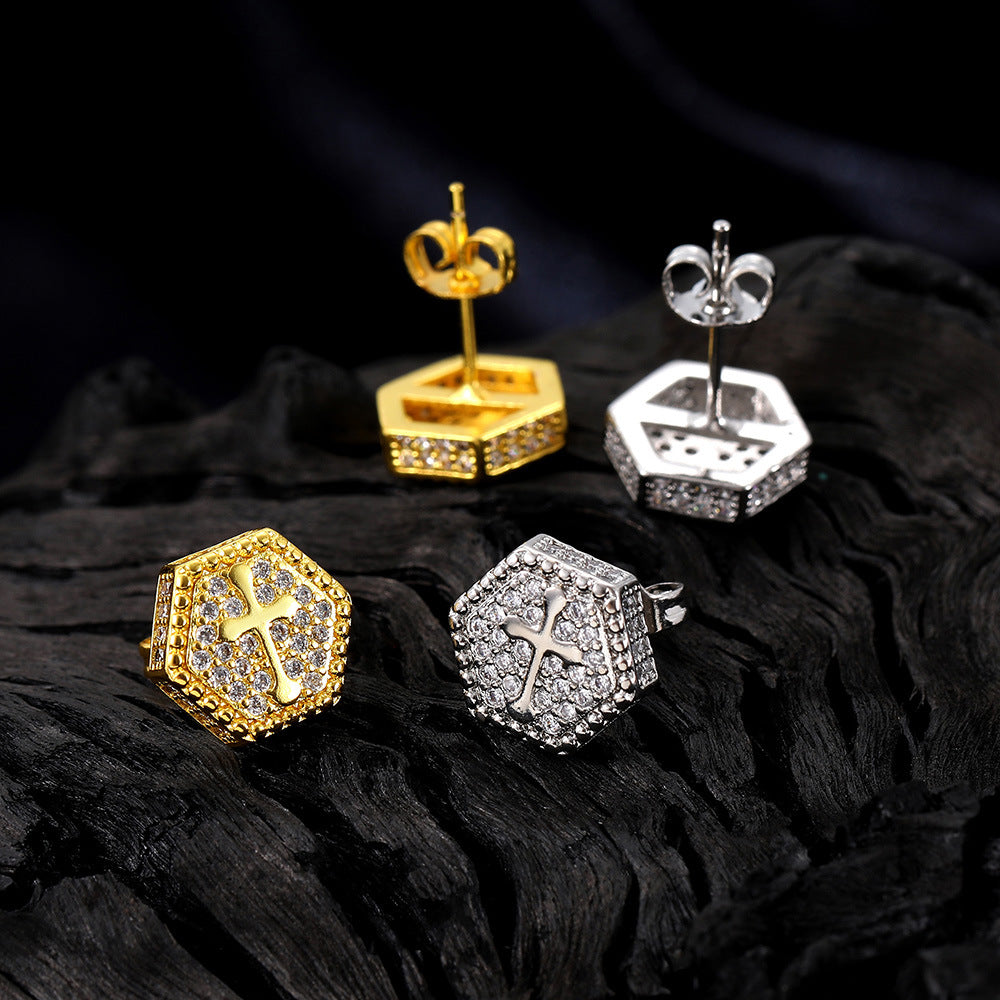 Wholesale Cross Zircon Gold Plated Hip Hop Men's Earrings