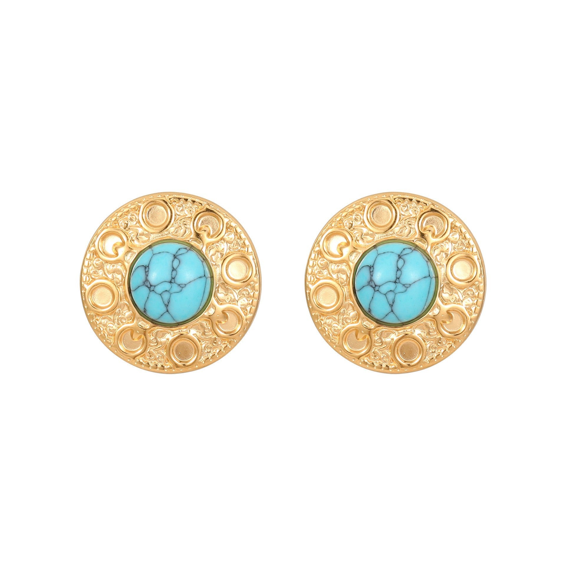 Wholesale Natural Turquoise Fan-shaped Hollow Stainless Steel Earrings