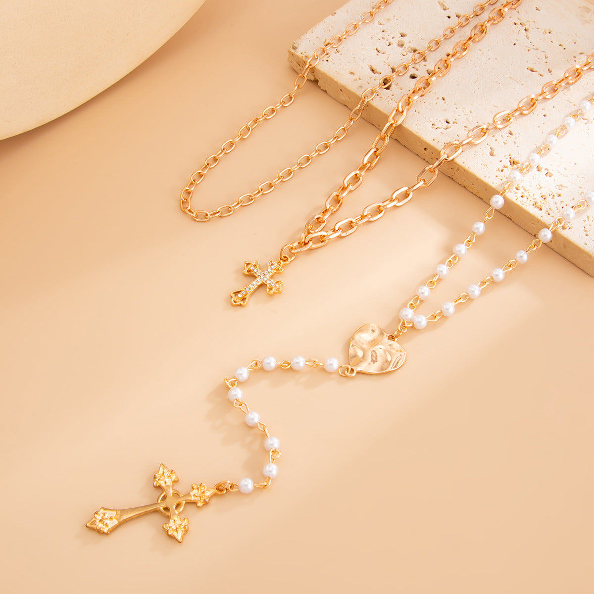 Wholesale Punk metal cross pendant with pearl heart necklace