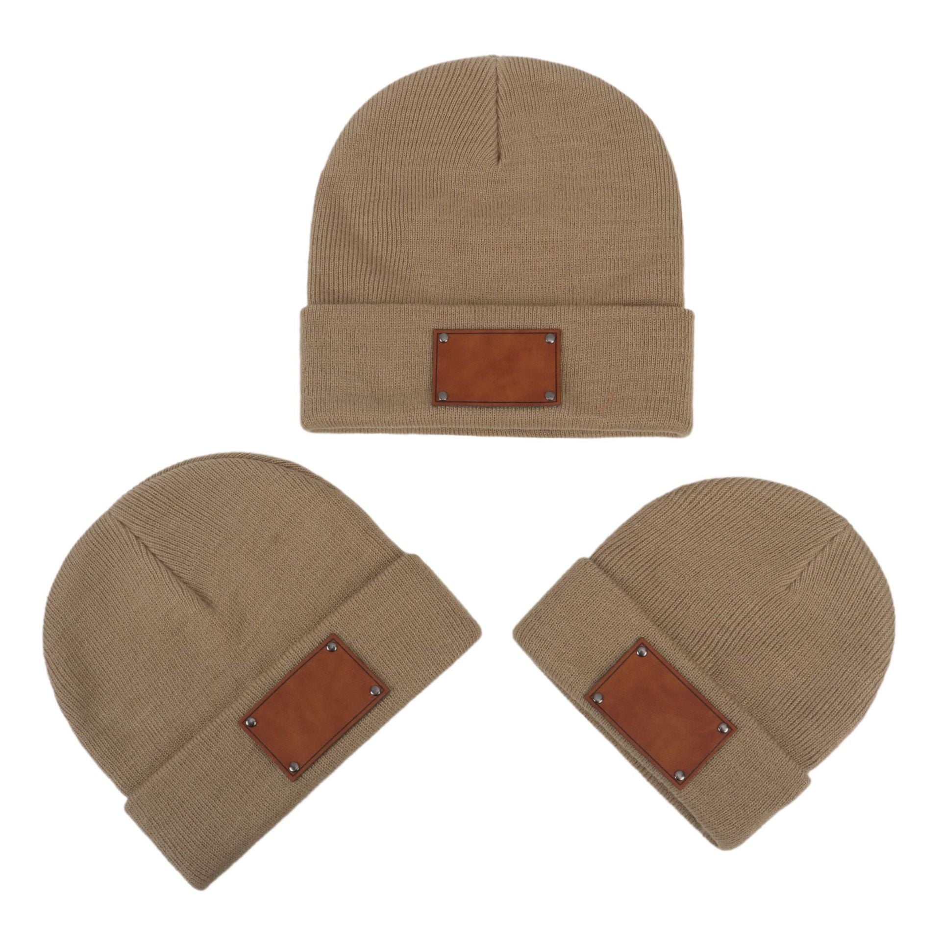 Wholesale Fashion Retro Infant and Toddler Children Blank Engravable Leather Label Knitted Warm Pullover Beanie