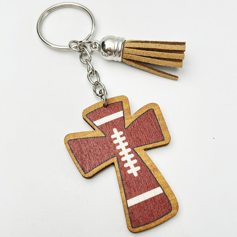 Wholesale 2pcs Football Basketball Faith Cross Wooden Vintage Keychain
