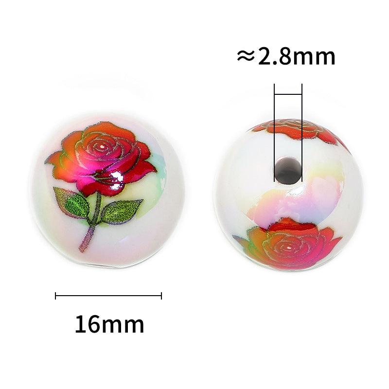 Wholesale 100PCS Valentine's Day Rose Printed Round Beads Acrylic Solid Color Plated DIY Beads