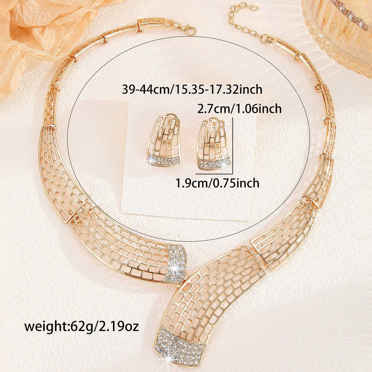 Wholesale Exaggerated Diamond Hollow Grid Necklace Earrings suit Bride Wedding Alloy Chain
