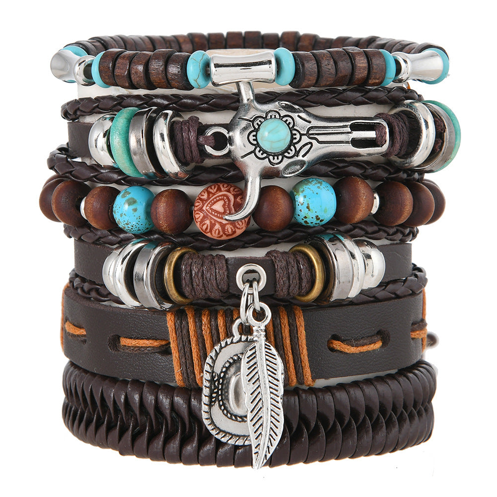 Wholesale Retro cowboy hat feather bull head multi-layer elastic rope hand-woven leather bracelet