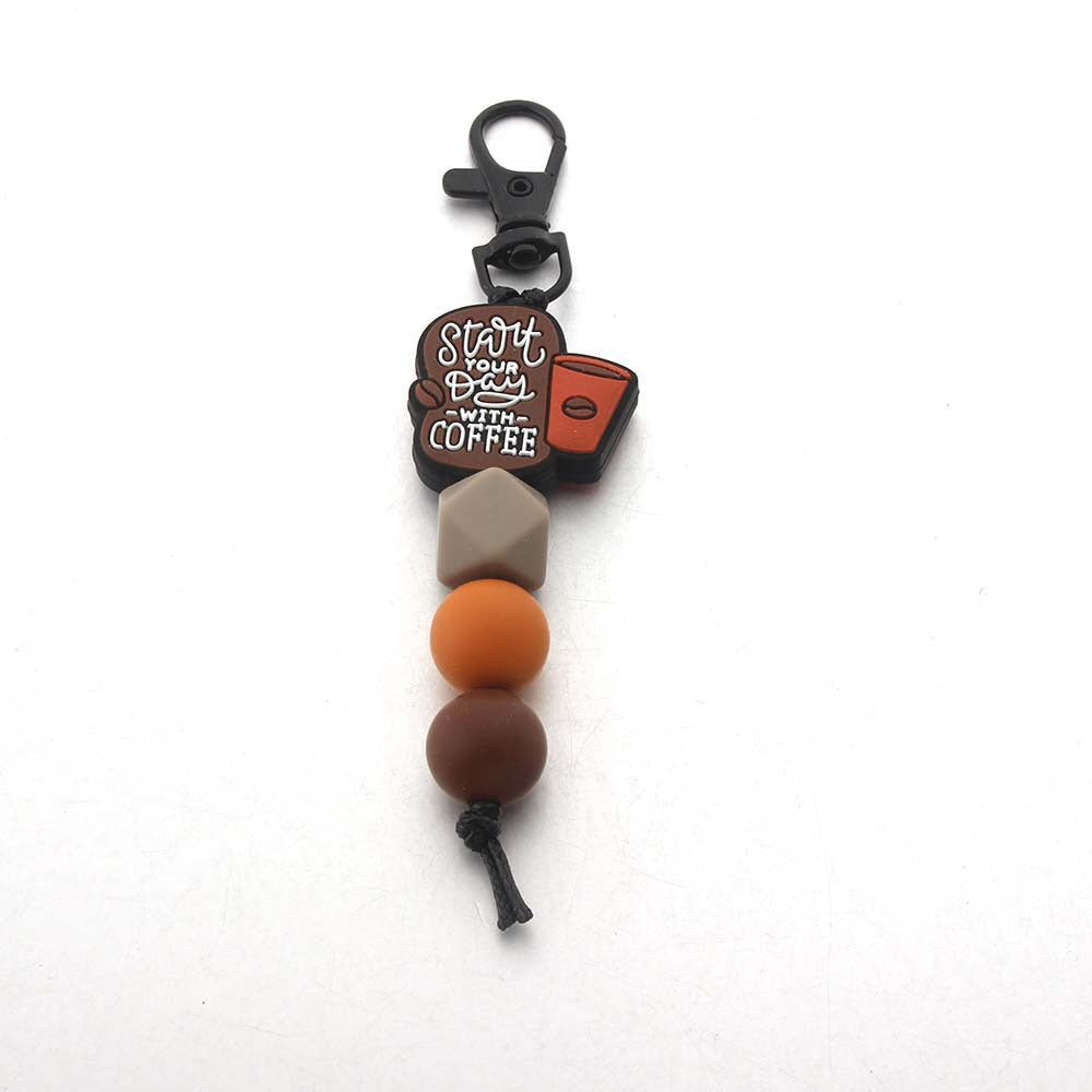 Wholesale Silicone Cartoon Coffee Print Beaded Bracelet Keychain
