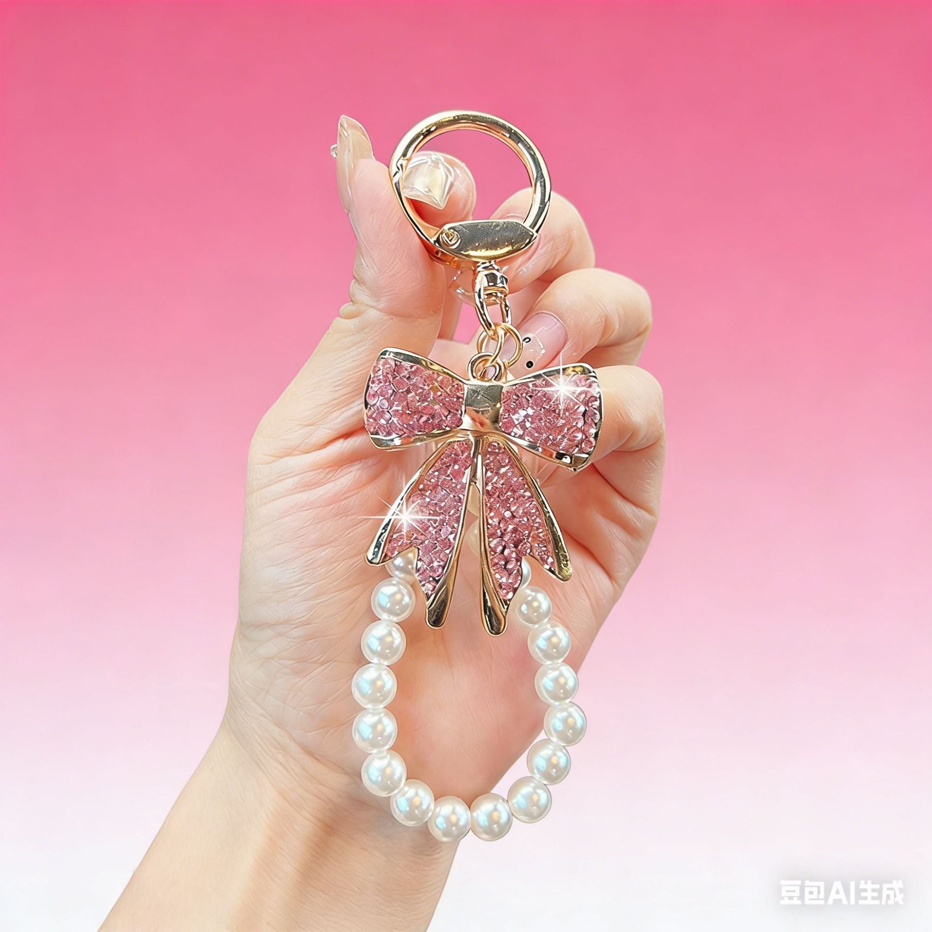 Wholesale Diamond studded bow chain pearl bead keychain