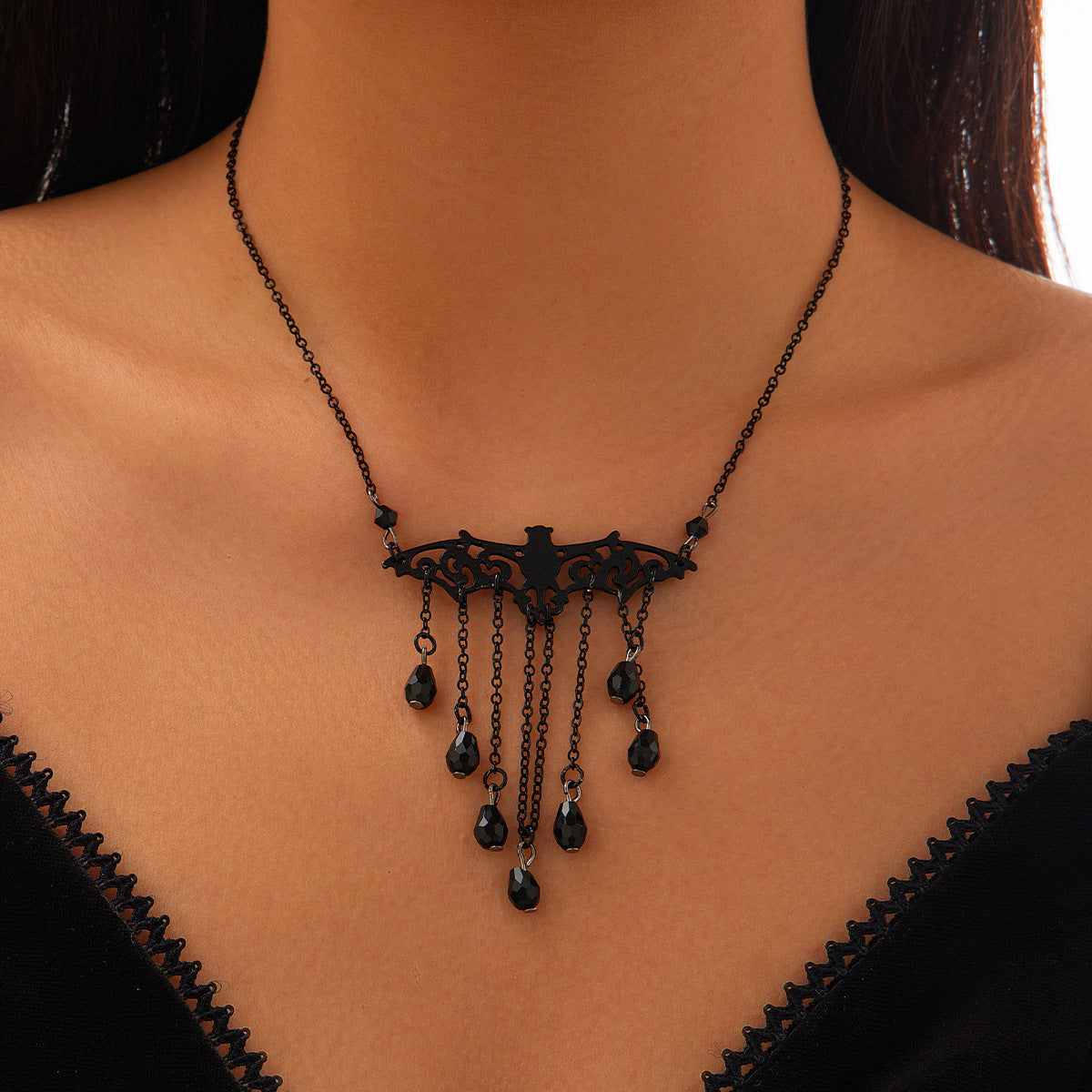 Wholesale Halloween Bat Water Drop Tassel Pendant Necklace