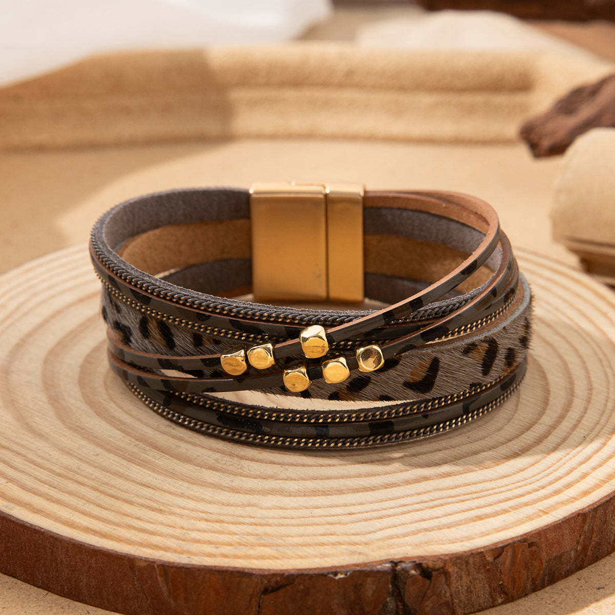 Wholesale Leopard print fur magnetic buckle Layered Bracelet Set